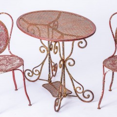 7-8185-A-French-Oval-Wrought-Iron-Table-C.1870-and-Two-Chairs-in-Original-Maroon-Paint-10