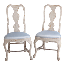 pair of antique Swedish, Rococo Side Chairs with carved ball and claw feet on curved wide knee legs