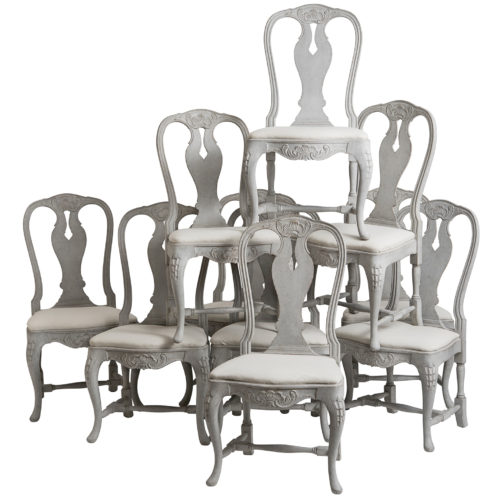 A Set of Ten Swedish Rococo Style Dining Chairs, circa 1900
