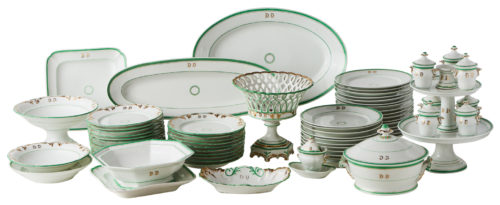A French “Old Paris” Partial Dinner Service With Green and Gold Details Circa 1840