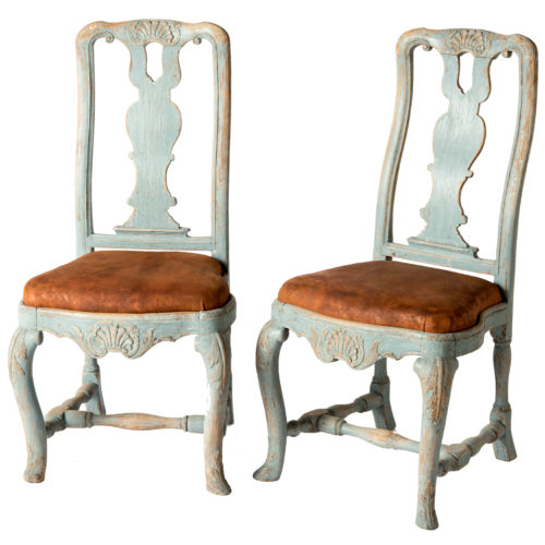 A Pair of Early Blue Painted Rococo Side Chairs Circa 1750