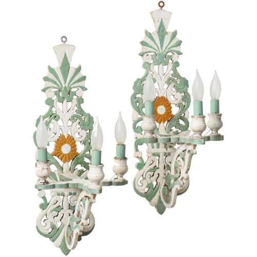 A Pair of Painted Wood French Folk Art Sconces Circa 1950