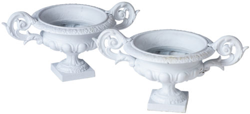 A Pair of Cast Iron French White Painted Urns With Decorative Handles Circa 1920