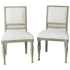 A Pair of Swedish Gustavian Period Side Chairs in Old Green Paint Circa 1800