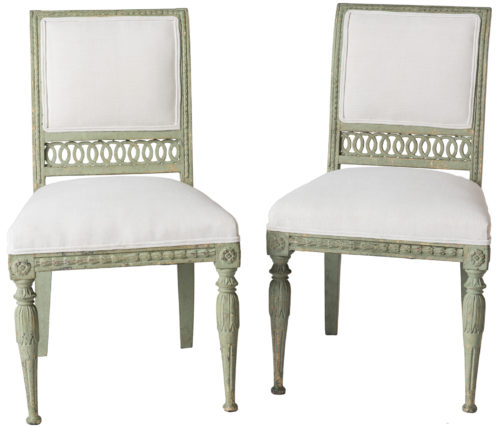 A Pair of Swedish Gustavian Period Side Chairs in Old Green Paint Circa 1800
