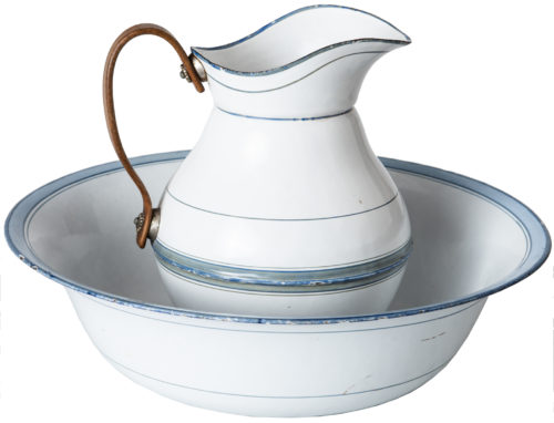 A French Enamel Bowl and Pitcher With Blue Stripe Detail Circa 1900