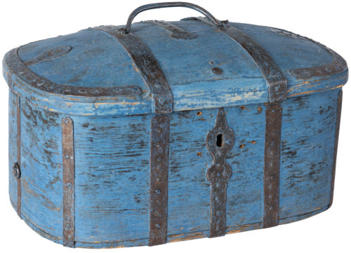 A Swedish Wooden Travel Box in Original Blue Paint Circa 1780