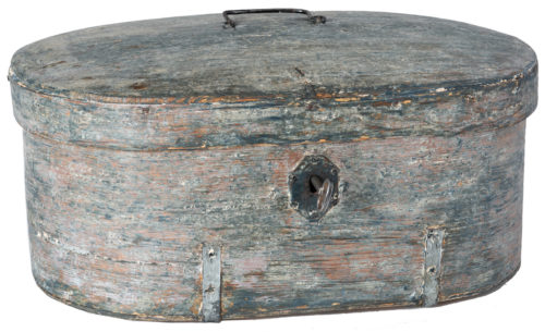 A Swedish Wooden Travel Box in Original Blue-grey Paint With Key, Circa 1780