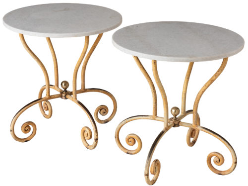 A Pair of French Side Tables with Round White Marble Tops and Iron base