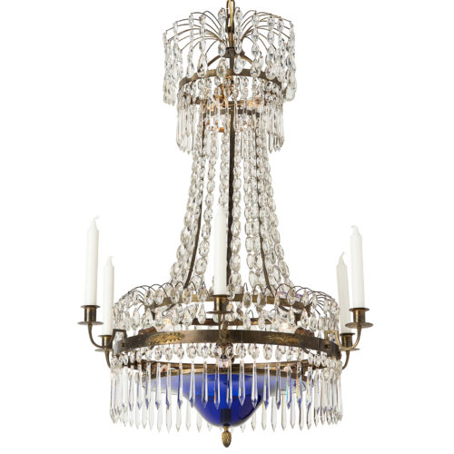 A Late 19th Century Swedish Six Light Crystal Chandelier with Cobalt Glass Bowl