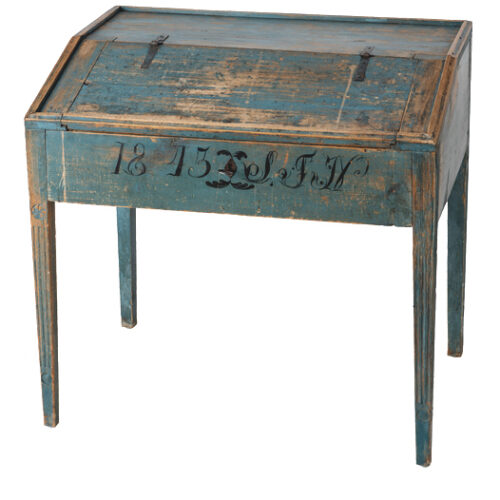 A Swedish Writing Desk in Original Blue Paint, Dated 1813