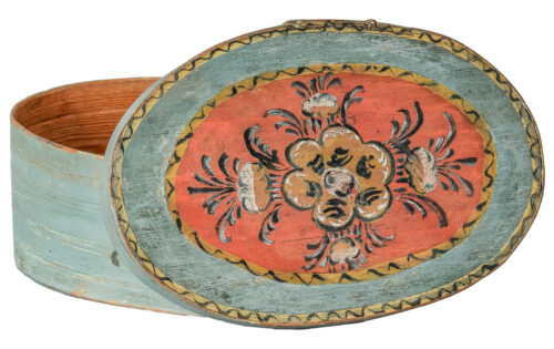 A Swedish “Svepask” Box in Original Blue Paint with Kurbits Flower C. 1850