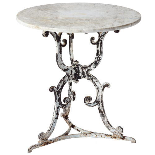 A 19th Century Cast Iron French Table with Scrolling Base and Marble Top