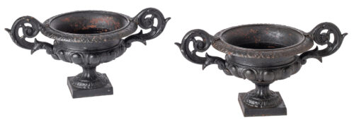 A French Pair of Cast Iron Urns with Old Black Paint Circa 1920