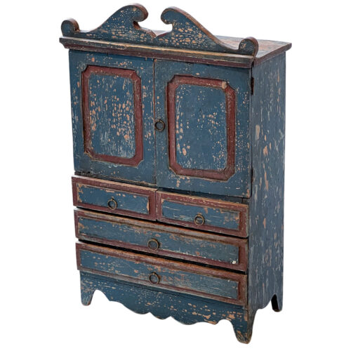 19th C Swedish Miniature Armoire or Jewelry Case with Blue Paint